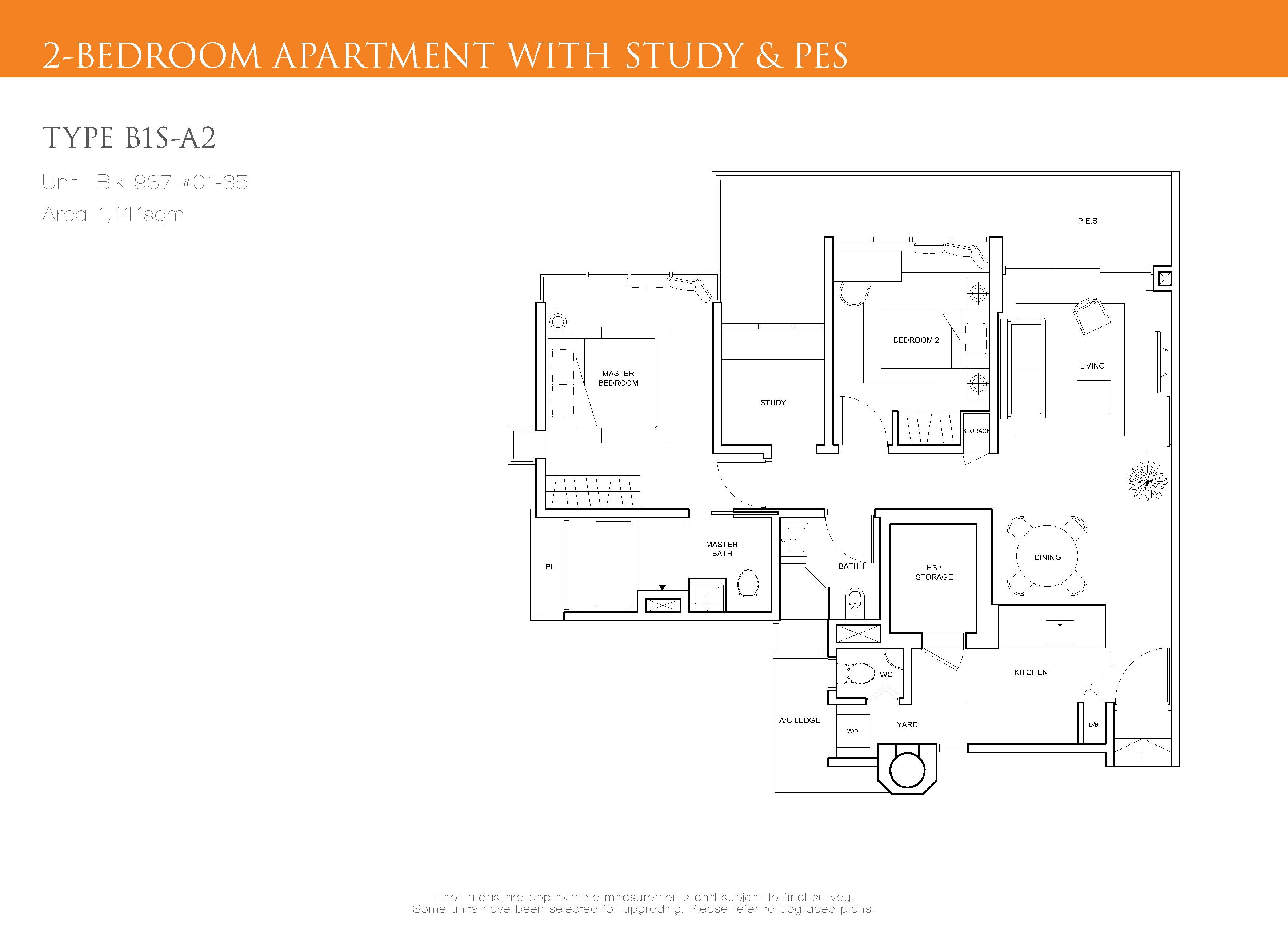 The Cascadia 2 Bedroom + Study PES Floor Plan Type B1S-A2