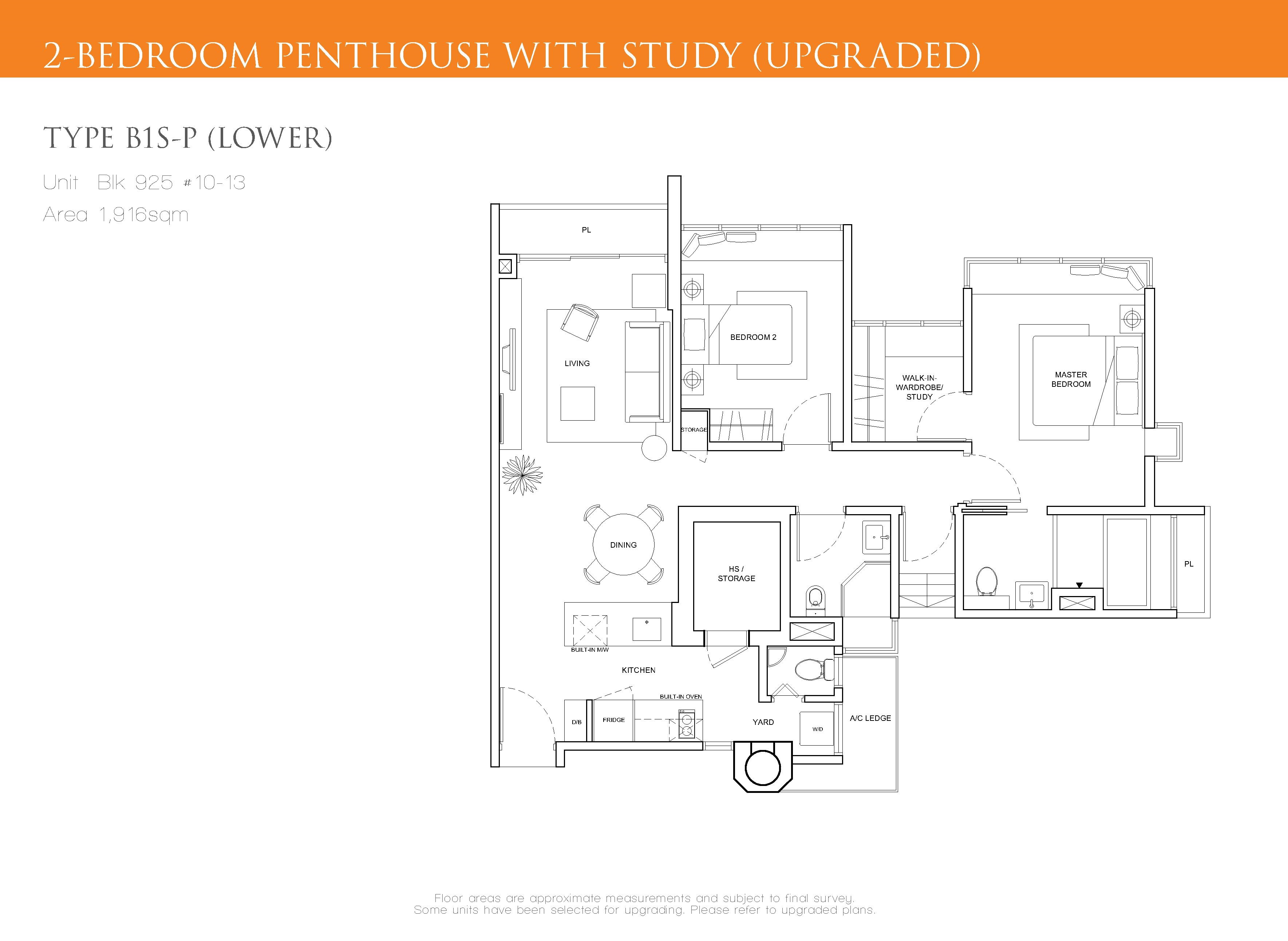 The Cascadia 2 Bedroom + Study Penthouse Floor Plan Type B1S-P(Lower)(Upgraded)